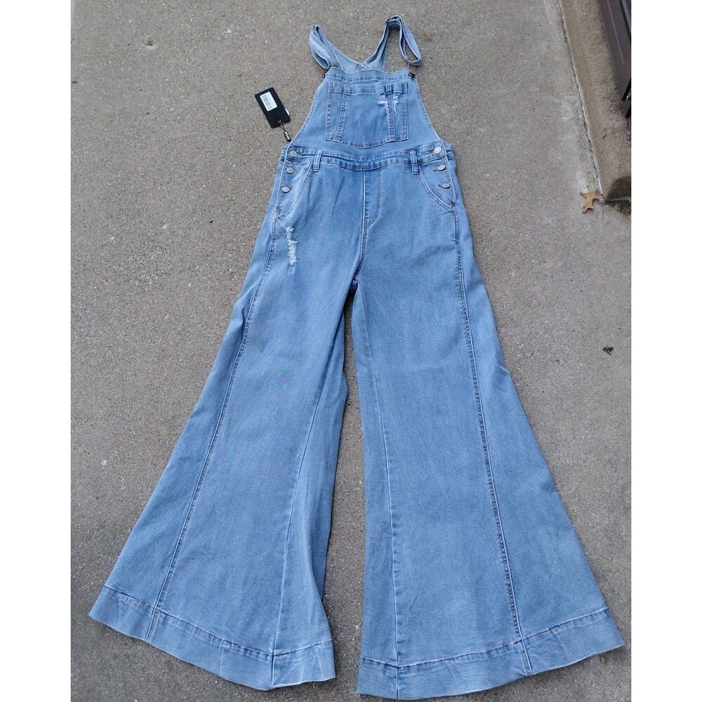 NWT Black Label Jumpsuit Overalls Women 5 Light Blue Denim Flare Leg Distressed